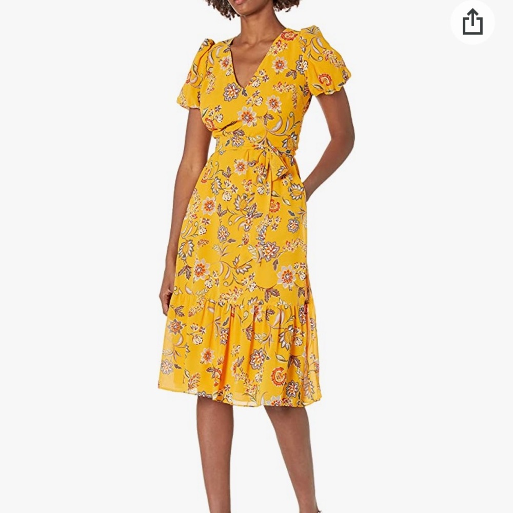 Donna Morgan Mustard Yellow V Neck Floral Chiffon Midi Dress Size 8